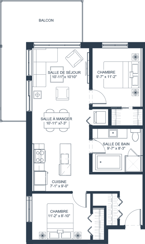 Floor plan for 2 beds, 1 bath, 840 sqft